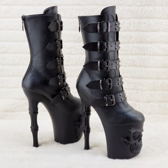 Skull & Bones Platform 8" Heel Mid Calf Boots Multiple Straps Vortex - Picture 6 of 16